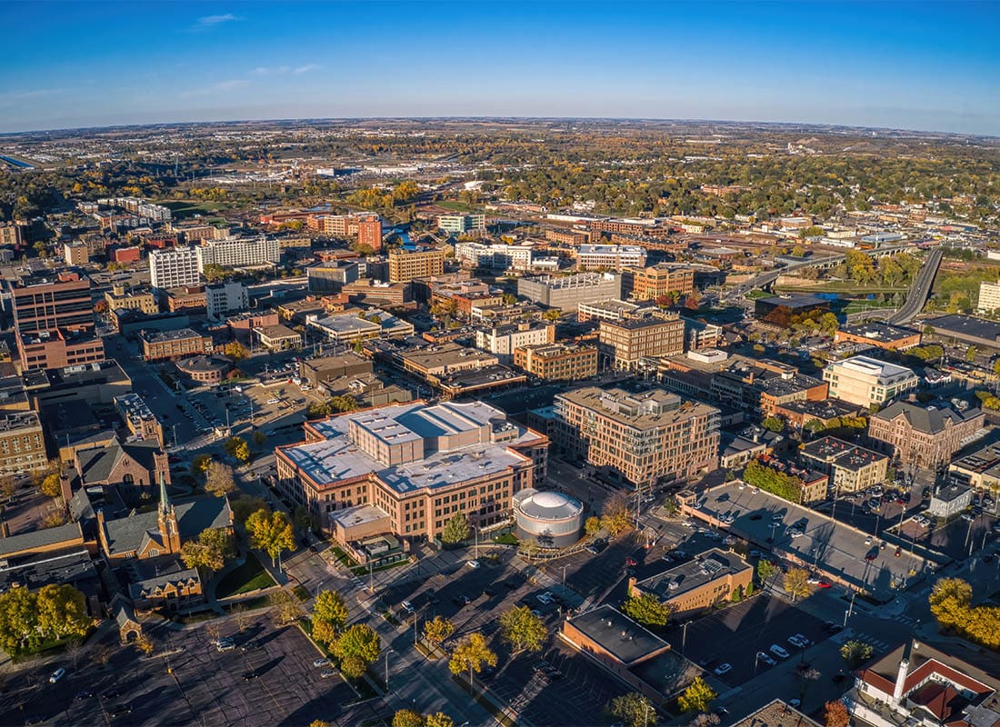Sioux Falls, SD - Aerial View of Beautiful Sioux Falls, South Dakota in Autumn as the Sun Rises
