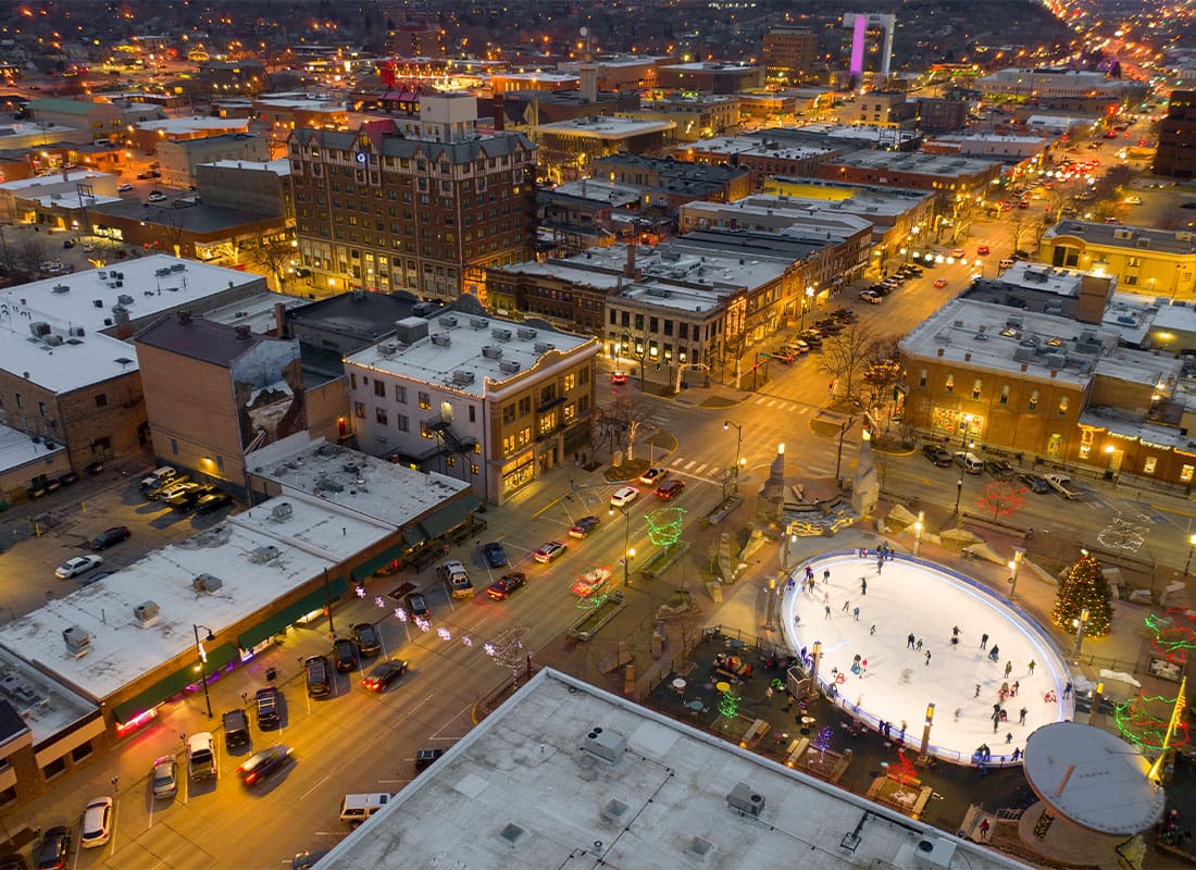 Webster, SD - Aerial View of Christmas Lights in Rapid City, South Dakota at Dusk